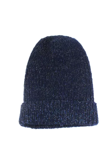 Eugenia Kim Womens Crochet Metallic Rolled Up Beanie Hat Navy Blue Size OS