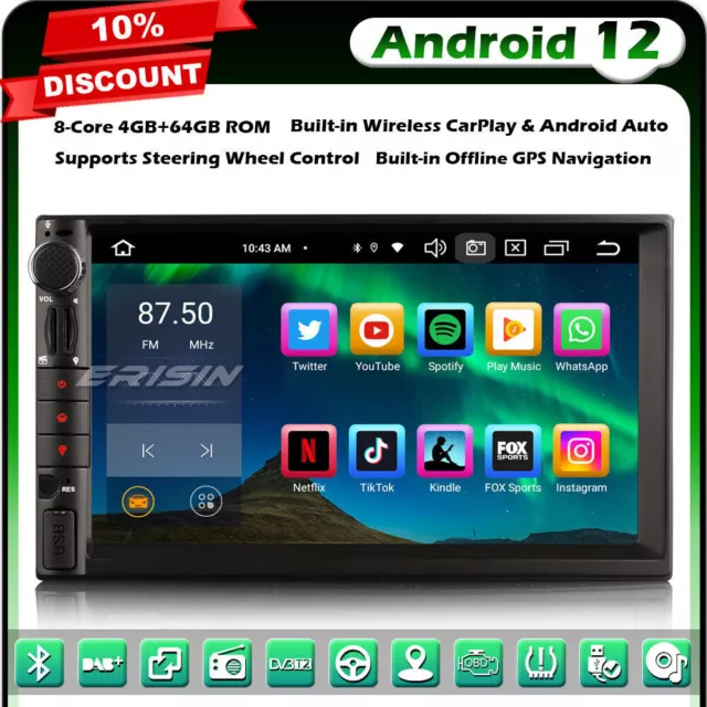 8-Cœurs 2 Din Stéréo Android 12 GPS Navi Autoradio BT 5.0 WiFi TNT DAB+ DSP 64GO