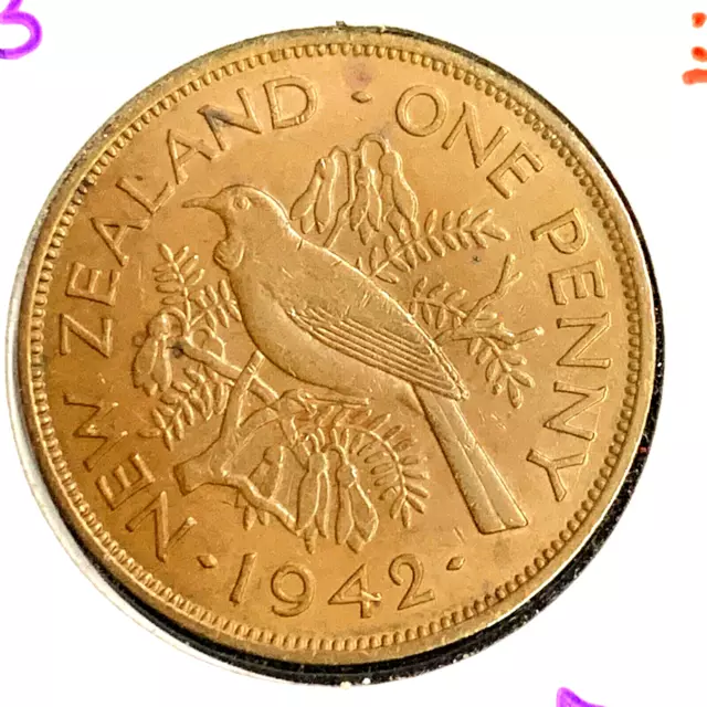 1942 🔥:] New Zealand Penny George VI 🔥 Brown Large Penny Size 🔥KM 13