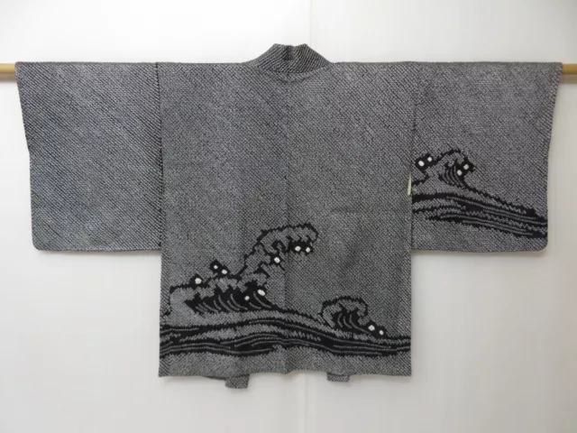 2024T06z400 Vintage Japanese Kimono Silk SHIBORI HAORI Wave Black