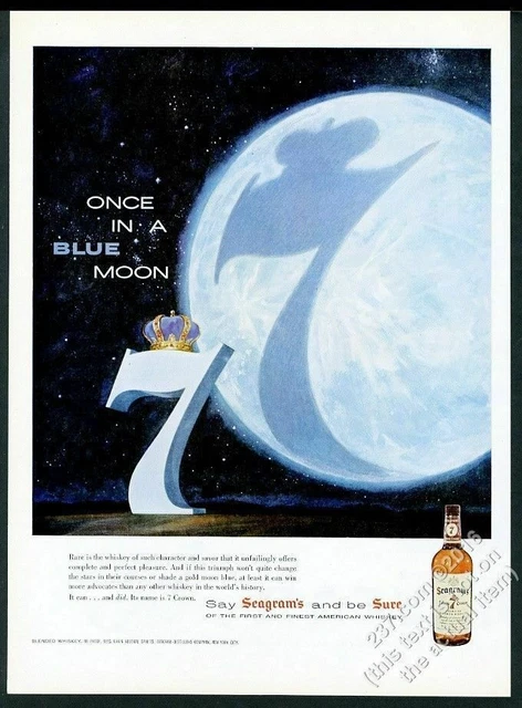 1958 blue moon cool art Seagram's 7 Crown whiskey vintage print ad