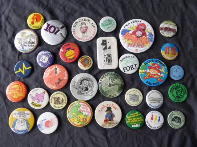 Lot 32 x Vintage 1970's 1980's LAPEL PIN BADGES Paddington Bear Alton Towers Etc
