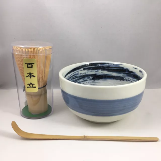 Japanese Matcha Bowl Scoop 100 Whisk Tea Ceremony Set Blue Swirl Made in Japan