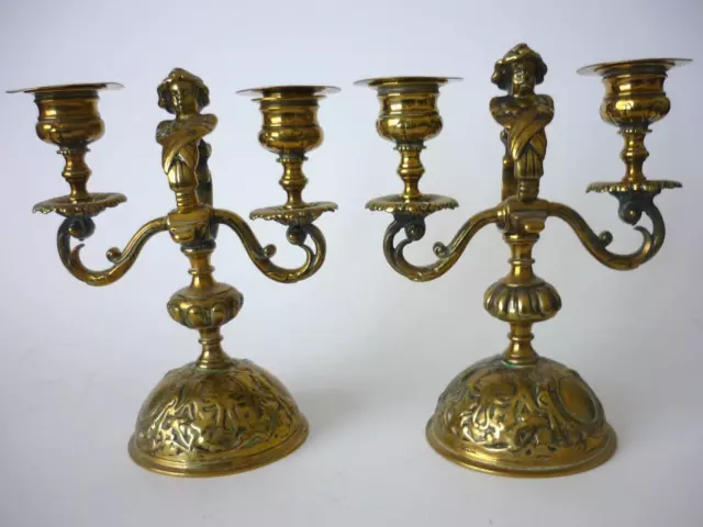 Antique Pair Of Quality Heavy Brass Two Arm Figural Gothic Candlesticks