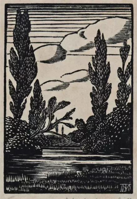John M Marshall - Small Signed Woodcut - Trees In Landscape - 20th Century