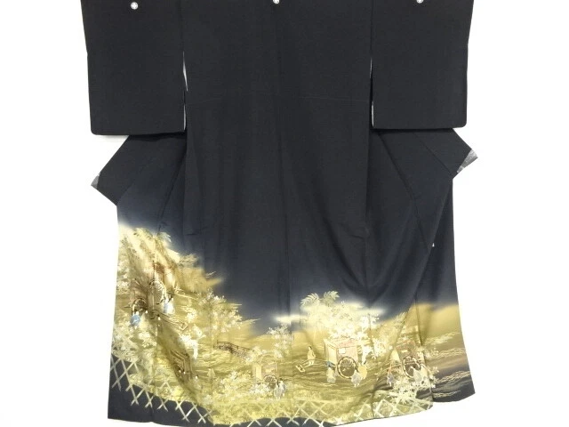 46942# Japanese Kimono / Antique Tomesode / Kinsai / Carriage & Bridge / Art