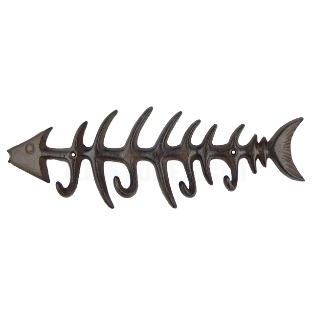 Large Cast Iron Fish Skeleton Bones Wall Hook Rack Key Towel Coat Hanger Brown