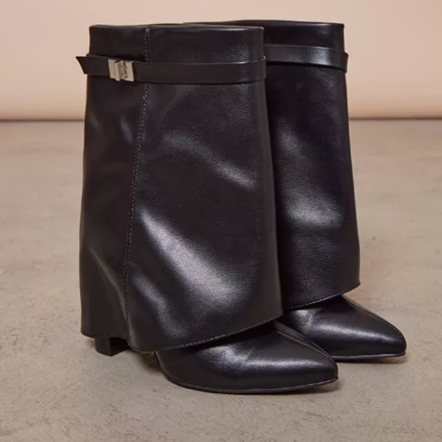 PLT Pointed Toe Fold Over Block Heeled Ankle Boots In Black UK Size 5 BNIB