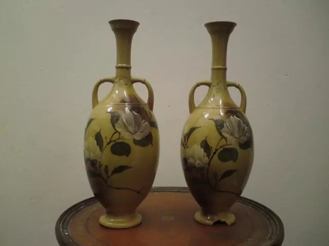 Pair Meiji signed art pottery vase with handles - Japanese camellia & butterfly