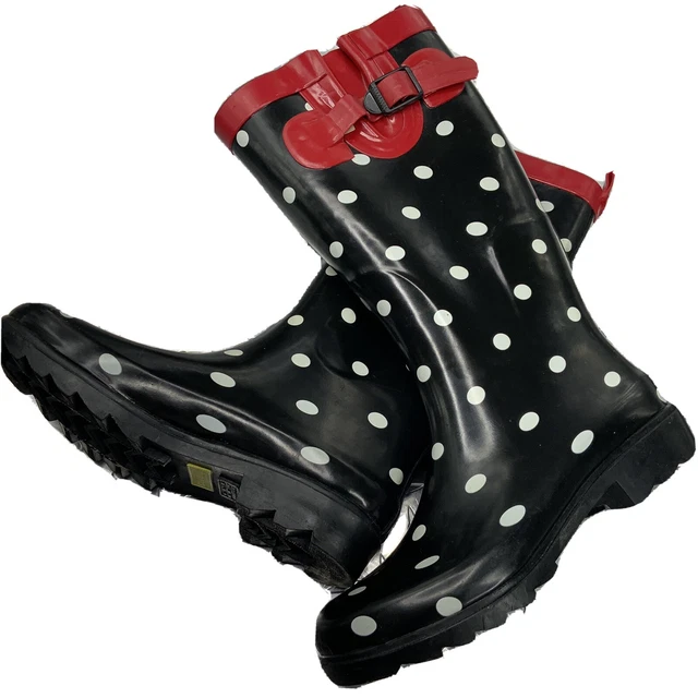 Copelli New York Boots Black White Polka Dot Red Trim Rubber Shoe Size 6