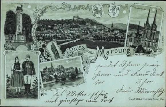 Mondschein Litho Marburg an der Lahn, Kaiser Wilhelm Turm,... - 2955925