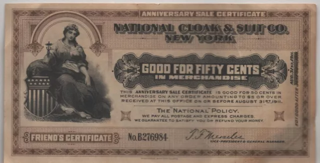 1911 - Friends Certificate - 50 Cents in Merchandise - National Cloak & Suit Co.