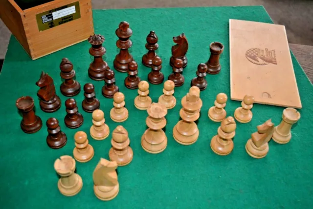 Vintage Henri Chavet Boxwood Staunton Chess Set Complete VGC Boxed Big King 8cm