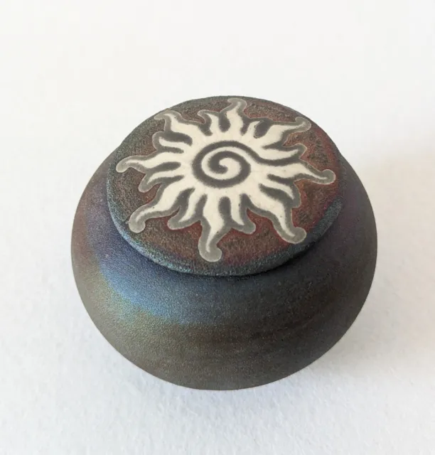 RAKU Art Pottery Dream Catcher Jar With Sun Lid-Signed Jeremy Diller