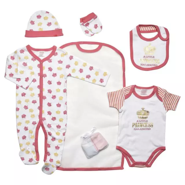 7 Piece Baby Girl Layette Gift Set Foil Little Princess Crowns Pink 0-3-6 Months