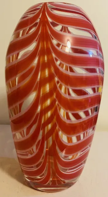 Mid-Century Pulled Feather Red and White Art Glass Hand Blown Vase 10.75”x 6"