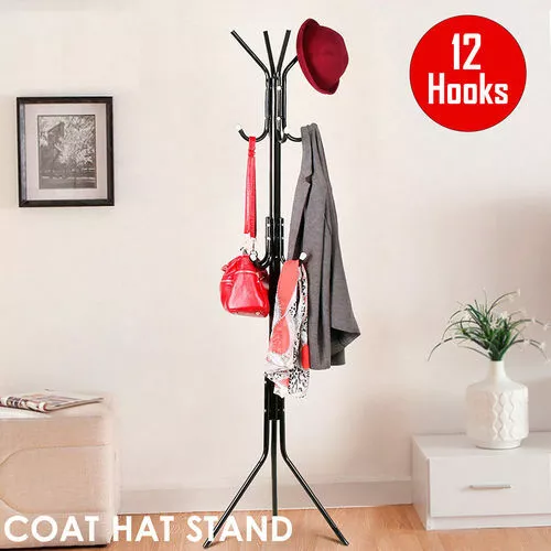 12 Hook Hanger Stand Coat Hat Clothes Rack 3-Tier Storage Metal Tree Style Black