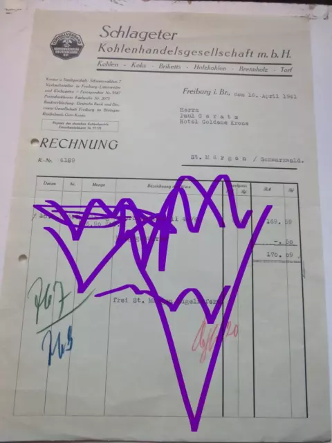 Schlageter, Freiburg, Black Forest coal trading company, invoice 1941