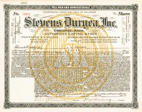 Stevens Duryea, Inc. - Stock Certificate - Automotive Stocks