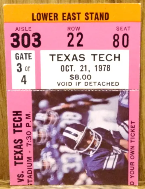 Rice Owls Football vs. Texas Tech Red Raiders 10-21-1978 Used Ticket Stub