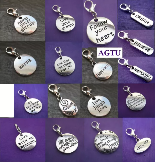 U PICK CHARM Clip On Silver Inspirational Karma Live Laugh Love Dream Never AGTU