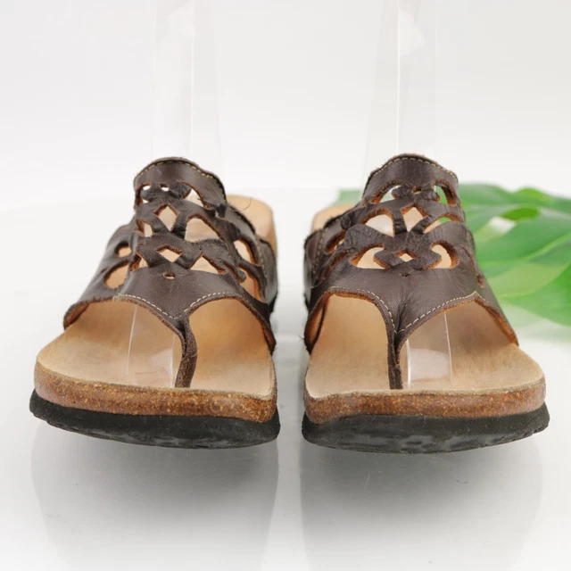 Think Women's Sandal Size 37 6 Thong Slide Brown Leather Perforated Flip Flop 3