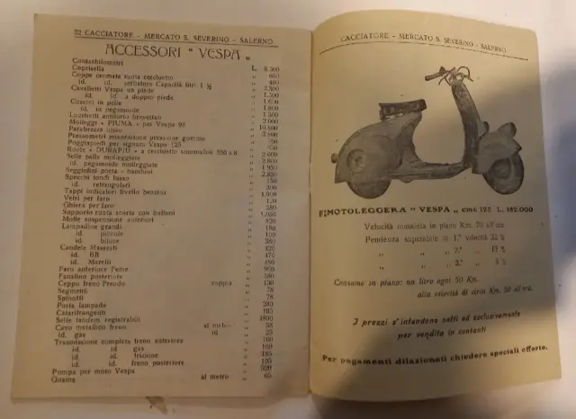 Vespa Faro Basso-Ape Bici Rotense Cucciolo-Catalogo Cacciatore Salerno 1948