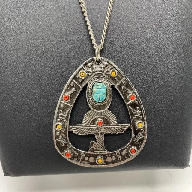 Vintage Turquoise Necklace Egyptian Revival Goddess Silver Toned Carved Scarab