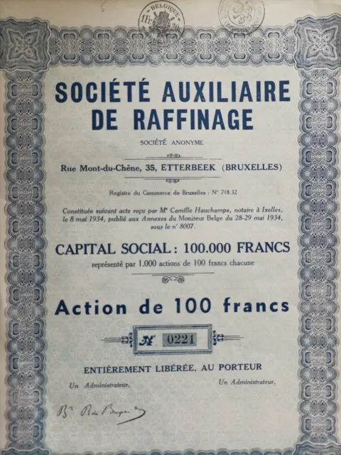 Ancien Titre, Action, Société Auxiliaire De Raffinage, Rare : 1000 actions ! 3