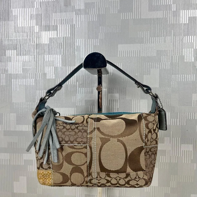 COACH SIGNATURE PATCHWORK Canvas Pouch Vanity Bag Beige Light Blue