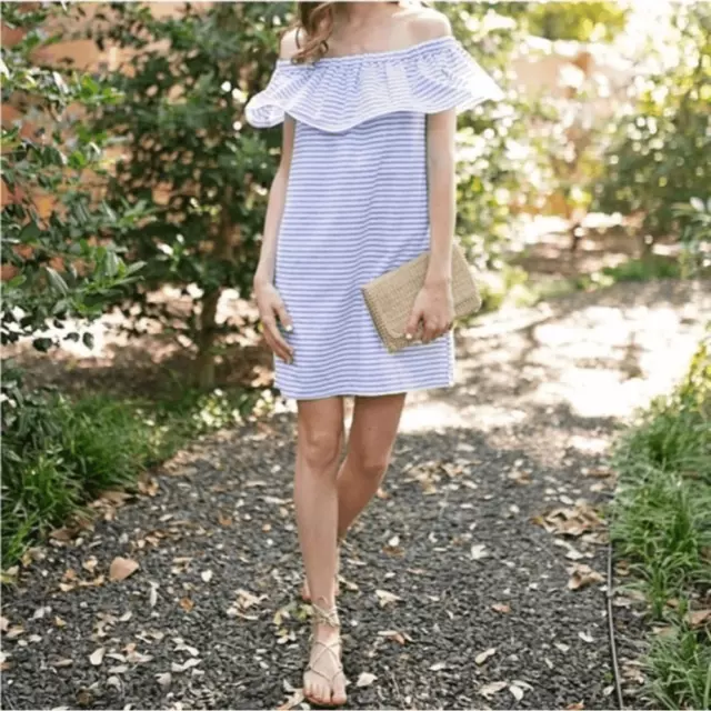 Line + Dot Lea Ruffle Dress Off the Shoulder French Blue White Striped M NWT