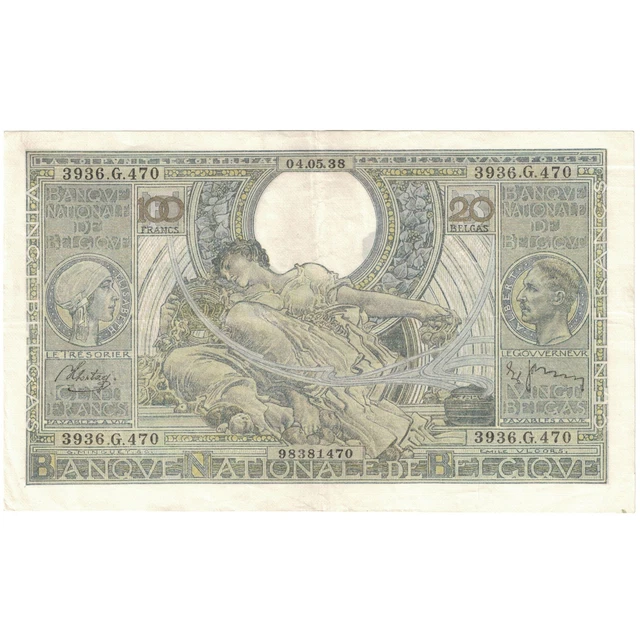 [#194293] Banknote, Belgium, 100 Francs-20 Belgas, 1933-1935, 1938-05-04, KM:107