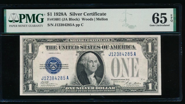 AC 1928A $1 Silver Certificate PMG 65 EPQ R-A block  Fr 1601