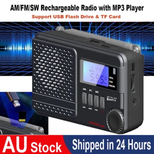 Portable Digital AM FM SW Radio Rechargeable Support SD/USB MP3 Player Clock AU