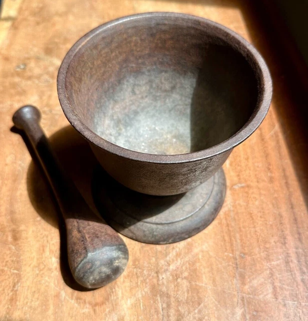 Antique Heavy Cast Iron Mortar & Pestle - 19th Century Apothecary Druggist