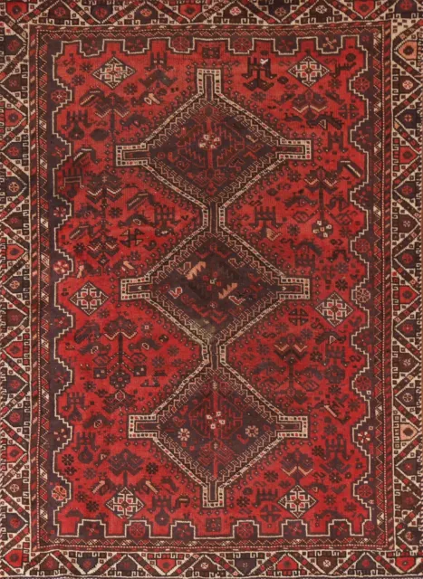 Vintage Geometric Abadeh Red/ Ivory Rug 4x6 ft. Hand-Knotted Wool
