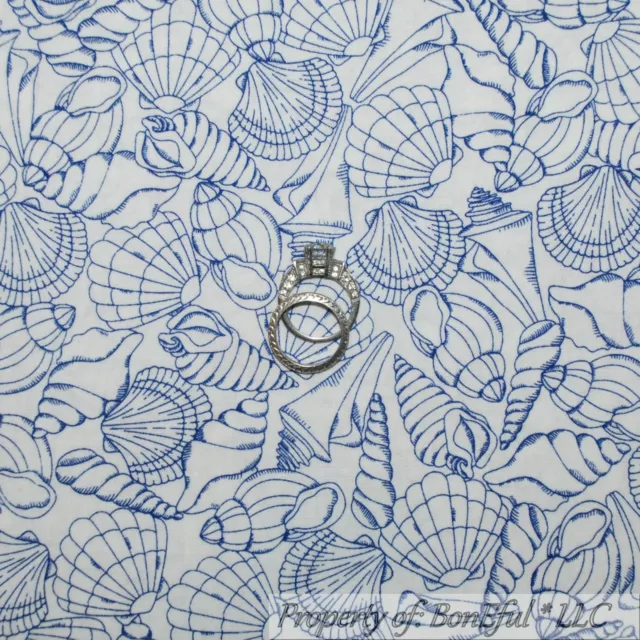 BonEful Fabric Cotton Quilt White Blue Seashell Toile Beach Nature Ocean 1 SCRAP