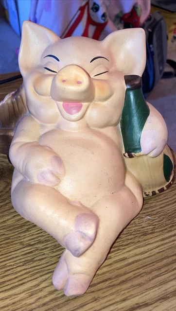 Vintage Happy Laughing Tipsy Pig Ceramic Piggy Bank , Pig with Bottle