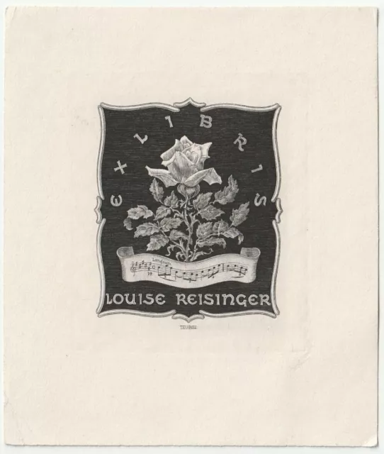 FRIEDRICH TEUBEL: Exlibris für Louise Reisinger, Rose, Noten, 1947