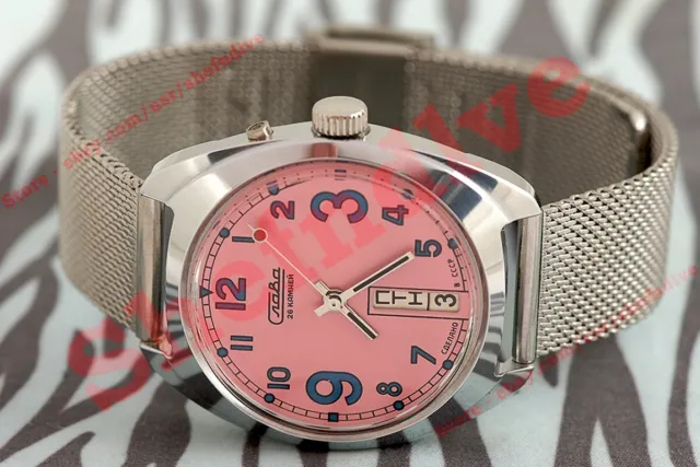 Slava Watermelon cal. 2428 Vintage Ex Rare Russian USSR Unusual pink wrist watch