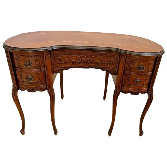 French Writing Kidney Desk Petite size Four drawers Hand Carved Walnut inlays