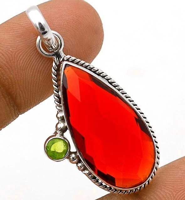 Natürlicher 12CT Feuergranat & Peridot 925 Massiv Sterlingsilber Anhänger K4-8