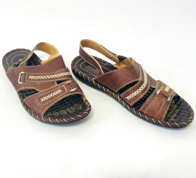 Mens Brown Faux Leather Orthopedic Sandals Sz 12 EU 45 Comfort Walking Stitches
