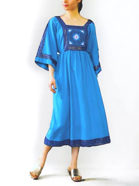 Vintage 70s 80s Folk Thai Appliqué Kaftan Midi Dress by Meo Fashions By Kit LG