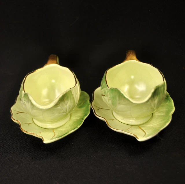 Royal Winton Grimwades Leaf Ware 2 Sauce Bowls W/Plate Light Green w/Gold 1950's