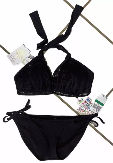 BECCA Women's Captured Lace-Trim Crochet Bikini Swim Set Blk- Sz L NWT