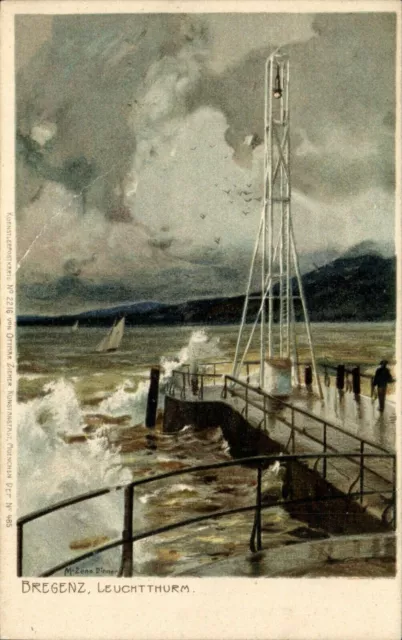 Postal de artista 1907 -BREGENZ en el lago de Constanza con FARO firmado....