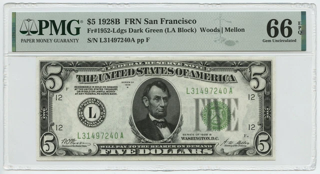 1928B $5 FRN San Francisco, CA PMG Gem UNC 66 EPQ Fr #1952-L