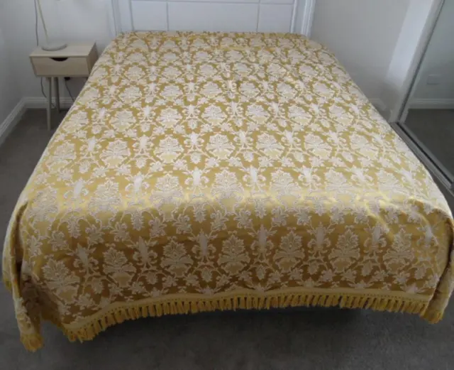 Vintage French Italian Hollywood Style Gold Off White Brocade Fringed Bedspread