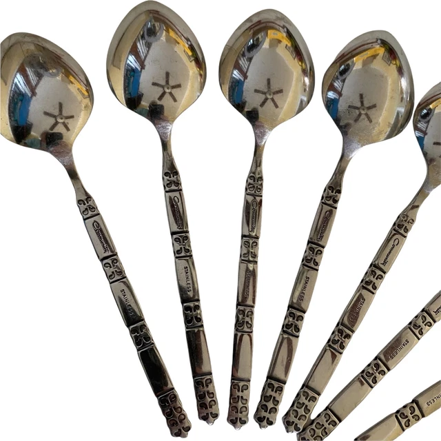 Oneida Community Stainless Madrid Soup Spoons Flatware Black Oval Vtg Lot of 9